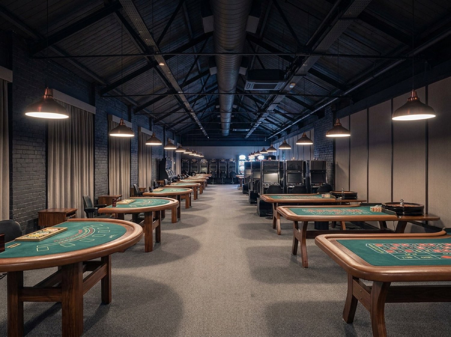 PartyQueueCrew casino floor — blackjack and roulette tables in neat rows, slot aisle