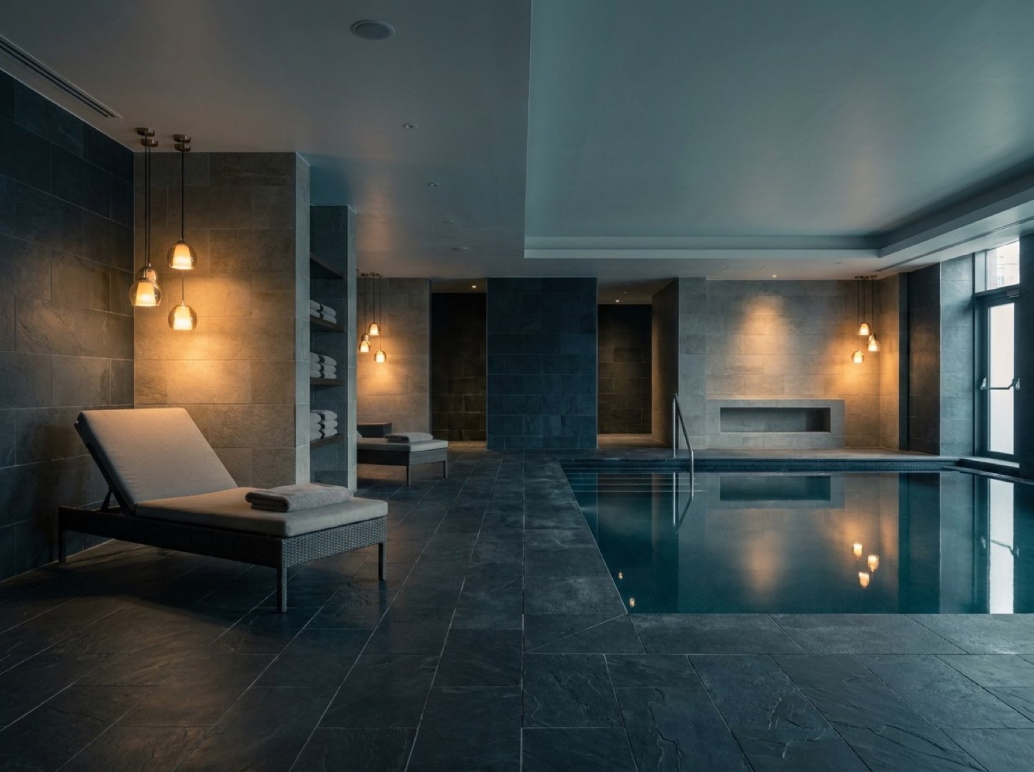 PartyQueueCrew spa — indoor pool, dark tile, calm water